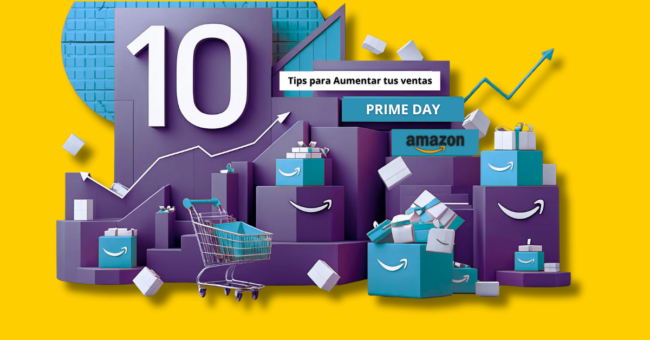 Imagen promocional de 10 consejos para aumentar ventas en Amazon durante Prime Day. Ilustración con cajas de Amazon, carrito de compras y gráfico de crecimiento sobre fondo amarillo. Ideal para vendedores que buscan optimizar su rendimiento en campañas de Amazon Prime Day