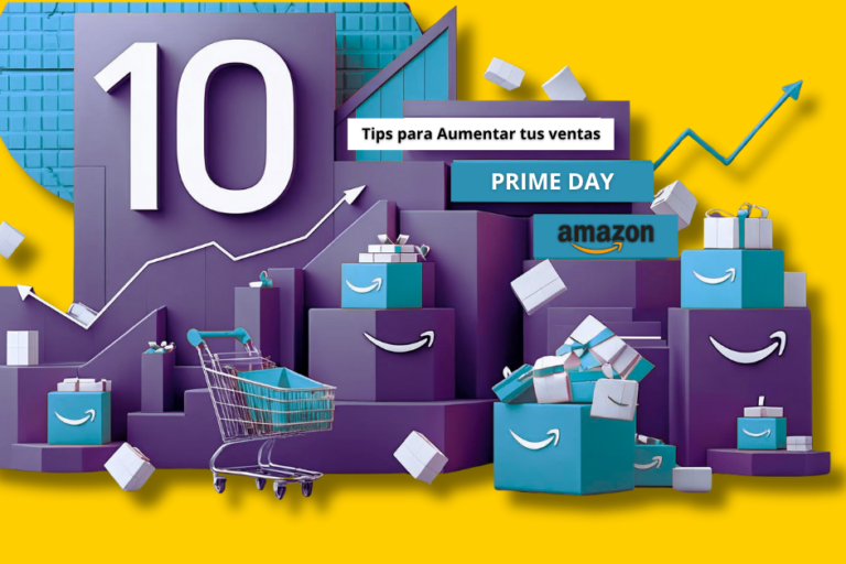 Imagen promocional de 10 consejos para aumentar ventas en Amazon durante Prime Day. Ilustración con cajas de Amazon, carrito de compras y gráfico de crecimiento sobre fondo amarillo. Ideal para vendedores que buscan optimizar su rendimiento en campañas de Amazon Prime Day