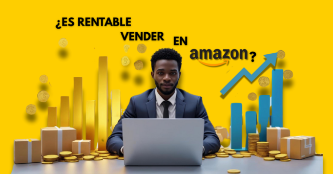 Hombre con traje trabajando en un portátil rodeado de cajas, monedas y gráficos de crecimiento, con el texto '¿Es rentable vender en Amazon?' sobre fondo amarillo