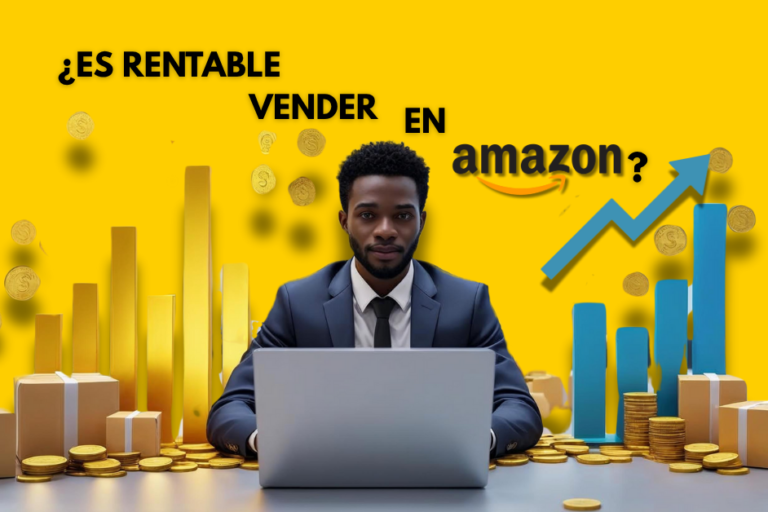 Hombre con traje trabajando en un portátil rodeado de cajas, monedas y gráficos de crecimiento, con el texto '¿Es rentable vender en Amazon?' sobre fondo amarillo