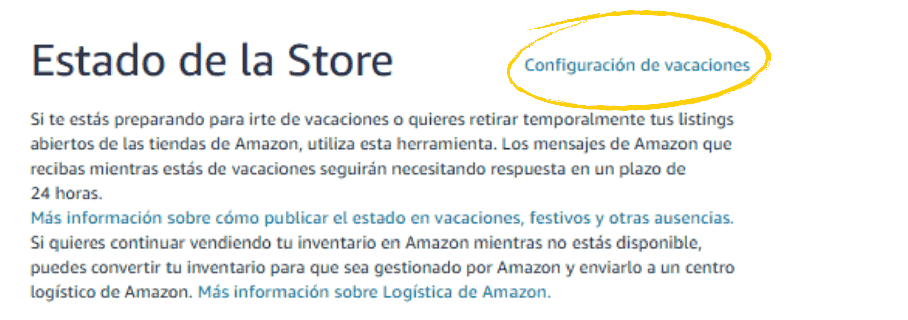 imagen donde se muestra la sección en Amazon que dice “Estado de la tienda” (Store Status), y ahi tienen que seleccionar “Configuración de vacaciones”