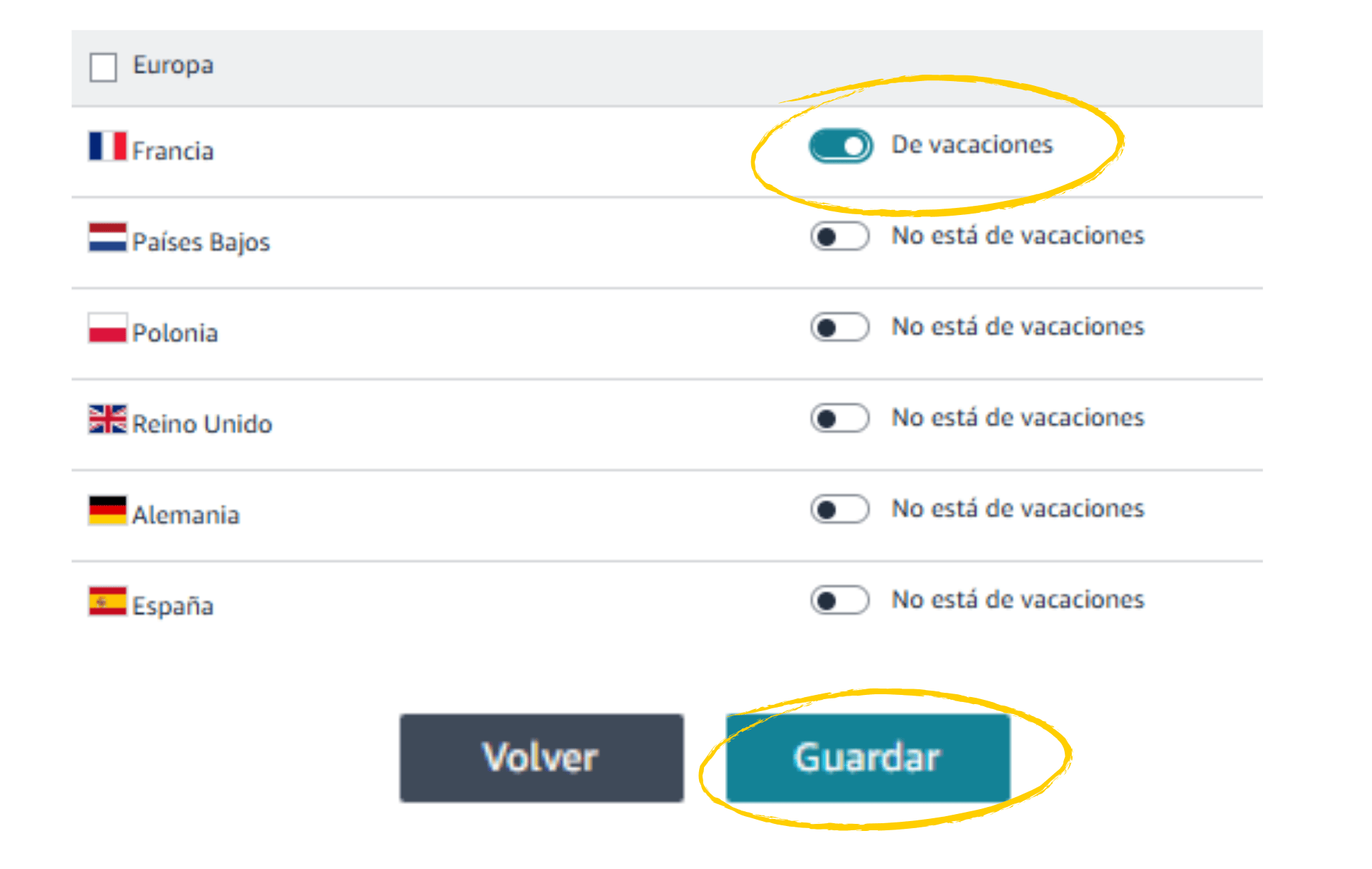 En esta imagen Se muestra un ejemplo de Elegir los países donde quieres activar el modo vacaciones (o marca todos si prefieres pausar todo) y haz clic en “Guardar”.