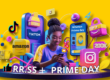 Chica sentada con un móvil en la mano en un fondo amarillo y con muchos iconos de redes sociales a su alrededor flotando