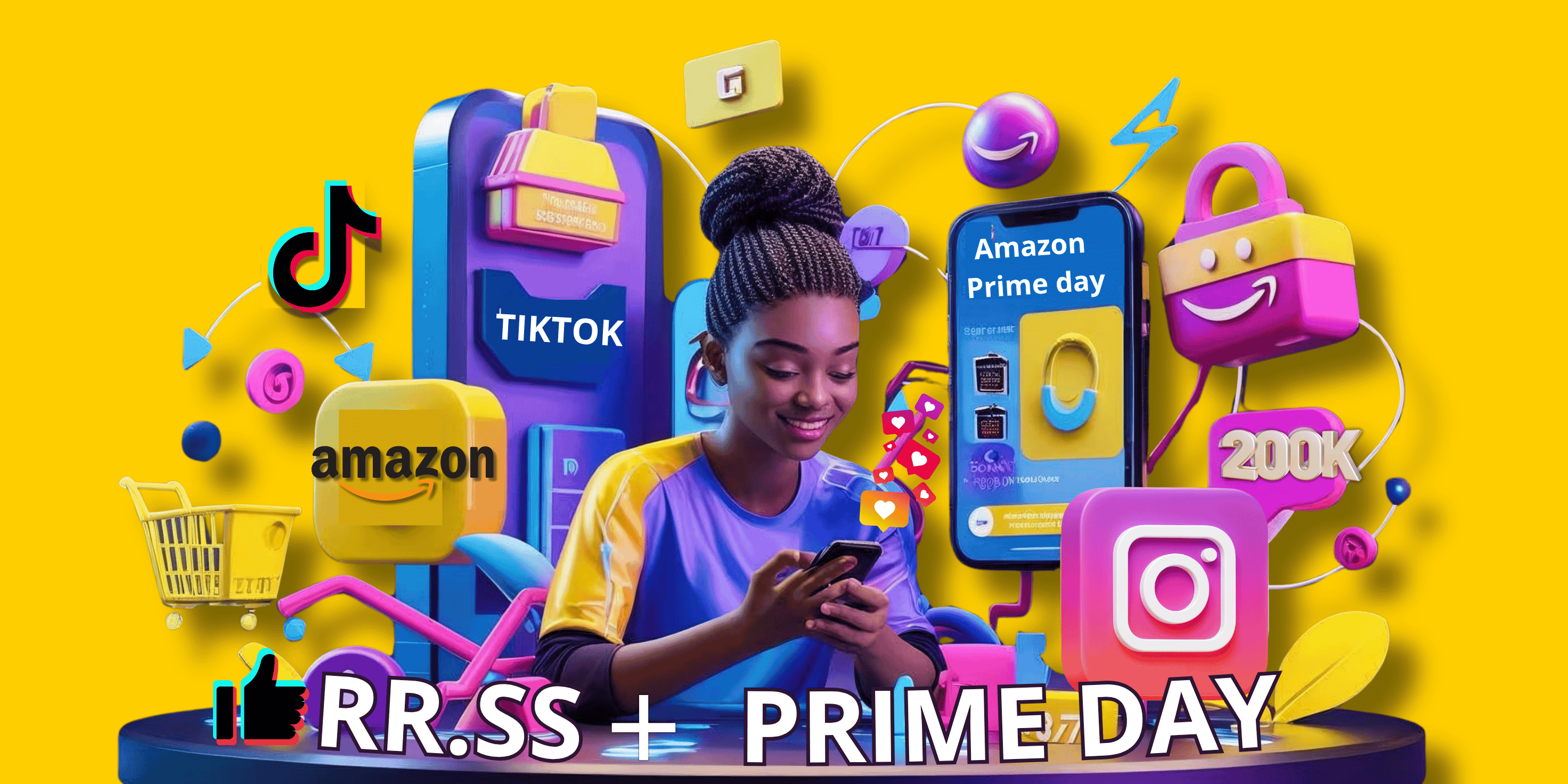 Amazon-Prime-day Chica sentada con un móvil en la mano en un fondo amarillo y con muchos iconos de redes sociales a su alrededor flotando