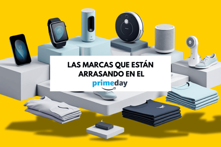 Imagen con fondo amarillo y tarima flotante con productos arriba de ella como móviles camiseras zapatos, todos en tonos celestes gris y con un titulo que dice "Las marcas que estan arrasando en el prime day.
