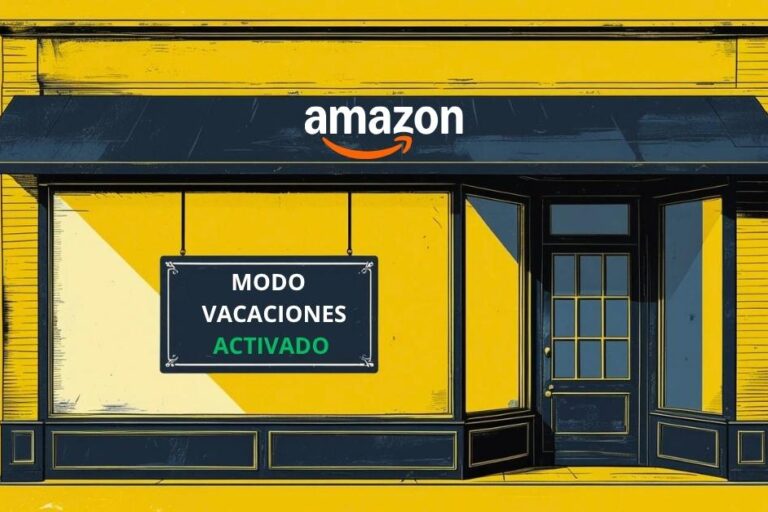 Ilustración de una tienda de Amazon con fondo amarillo y un cartel en la ventana que dice “Modo Vacaciones Activado”, representando la pausa temporal de ventas para vendedores FBM.