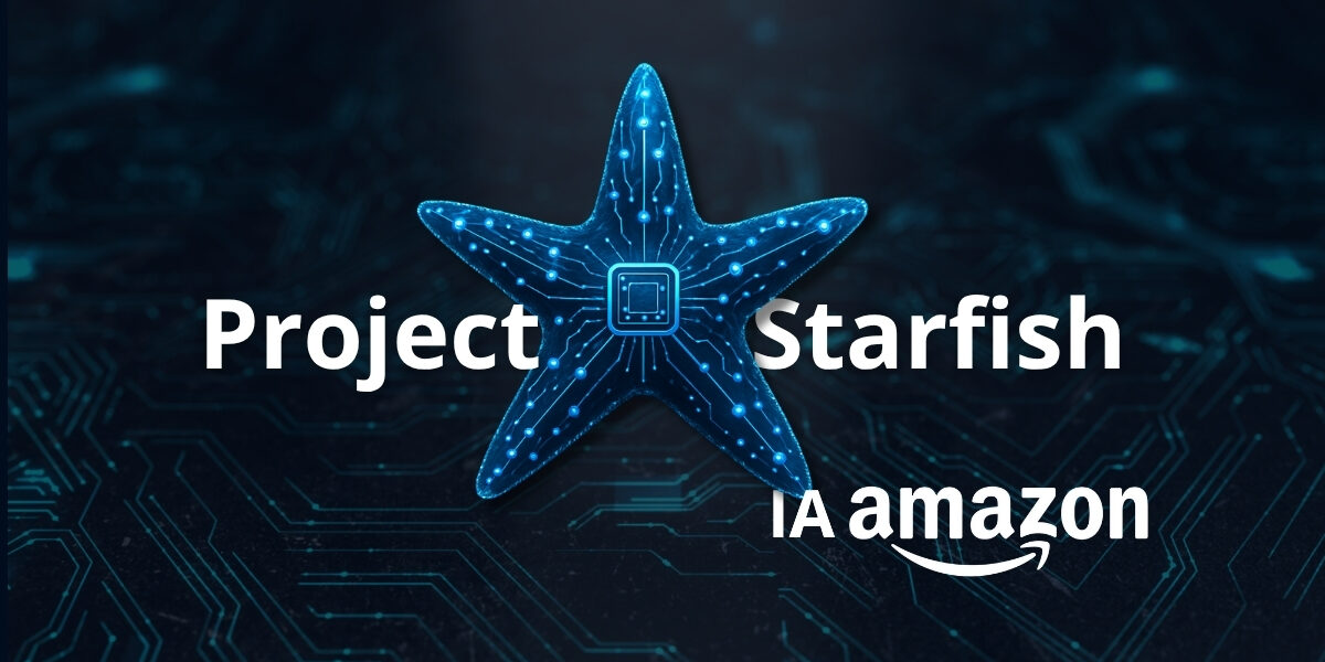 Project-Starfish Imagen de una estrella con diseño tech en color azul con fondo negro, y texto color blanco que dice "Project Starfish IA de amazon"