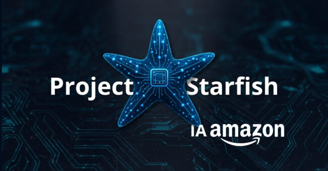 Imagen de una estrella con diseño tech en color azul con fondo negro, y texto color blanco que dice "Project Starfish IA de amazon"