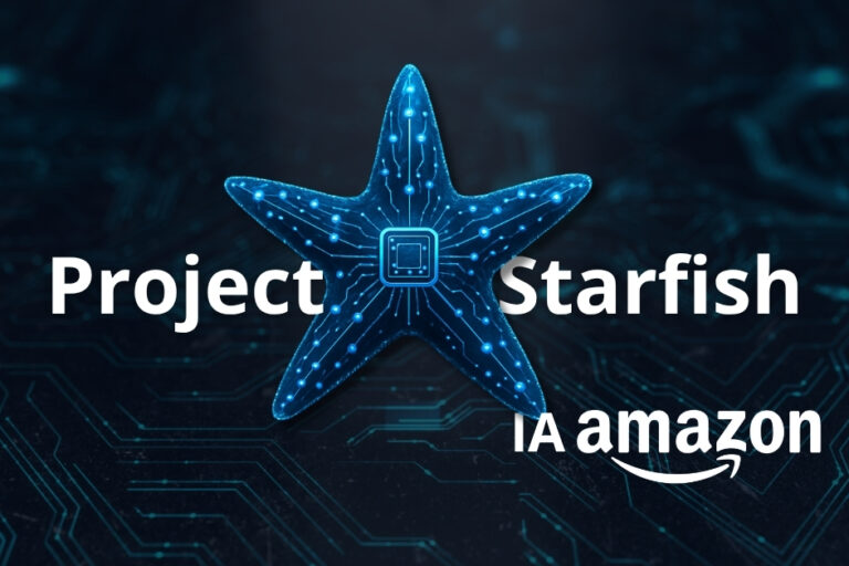Imagen de una estrella con diseño tech en color azul con fondo negro, y texto color blanco que dice "Project Starfish IA de amazon"