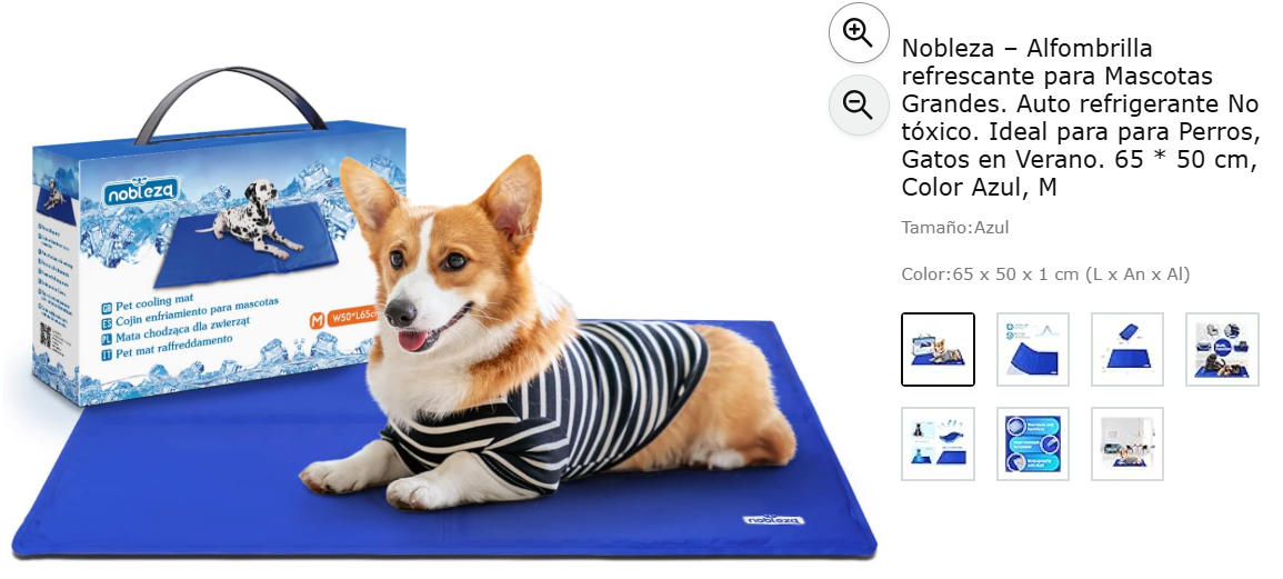 En la imagen sale un perro sentado en una esterilla refrescante color azul