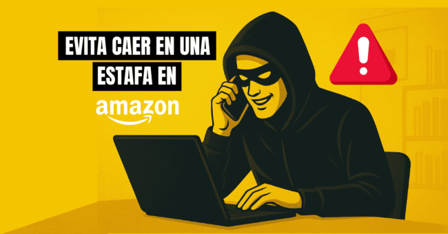 Estafa_Amazon Ilustración de un estafador con antifaz usando un portátil y un móvil, con el texto ‘Evita caer en estafa en Amazon’ y un icono de alerta sobre fondo amarillo.