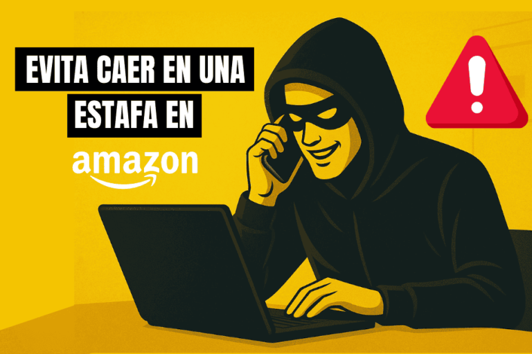 Ilustración de un estafador con antifaz usando un portátil y un móvil, con el texto ‘Evita caer en estafa en Amazon’ y un icono de alerta sobre fondo amarillo.