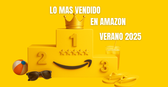 Portada veraniega: podio dorado 1-2-3 con corona y sonrisa de Amazon, rodeado de gafas de sol, chanclas, balón de playa y bebida fría sobre fondo amarillo.