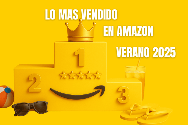 Portada veraniega: podio dorado 1-2-3 con corona y sonrisa de Amazon, rodeado de gafas de sol, chanclas, balón de playa y bebida fría sobre fondo amarillo.