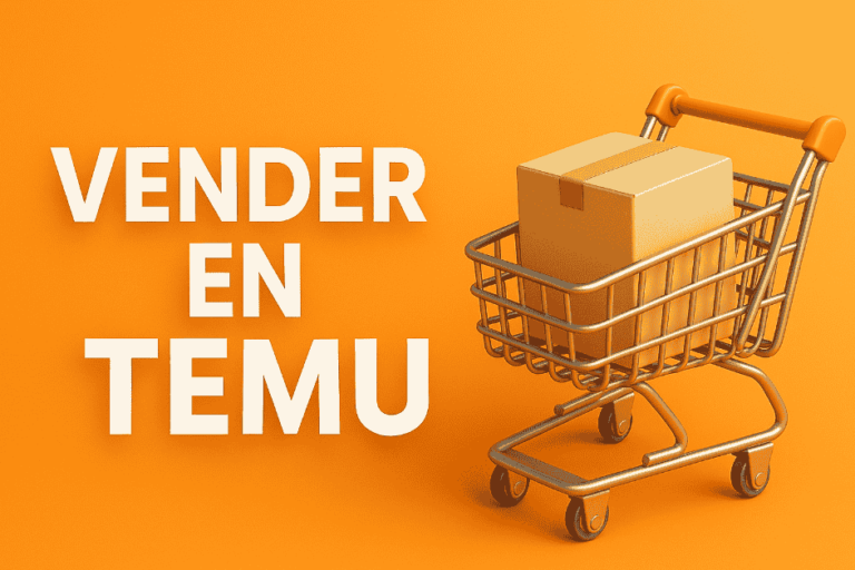Portada del blog “Vender en Temu”, con fondo naranja degradado. Texto en letras grandes: “Vender en Temu”. A la derecha, un carrito de compra 3D con una caja marrón dentro, transmitiendo la idea de marketplace y ventas online.