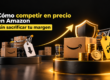 Cajas de Amazon, carritos de compra y etiquetas de precio junto a monedas doradas, un escudo y una flecha ascendente.