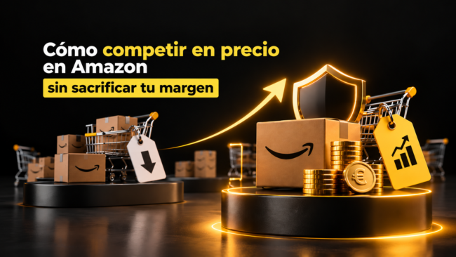 Cajas de Amazon, carritos de compra y etiquetas de precio junto a monedas doradas, un escudo y una flecha ascendente.