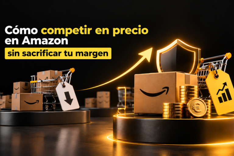 Cajas de Amazon, carritos de compra y etiquetas de precio junto a monedas doradas, un escudo y una flecha ascendente.